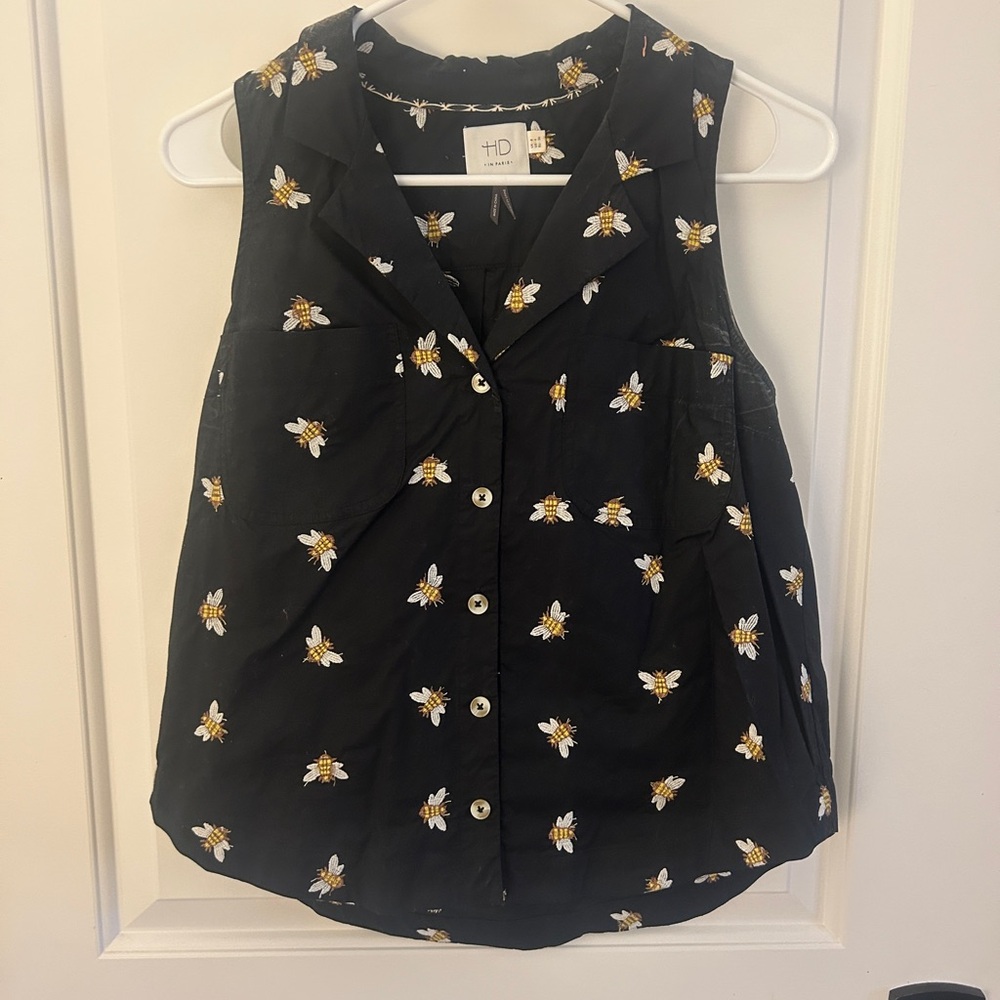 Anthropologie Black Button Down Shirt with Bee Print